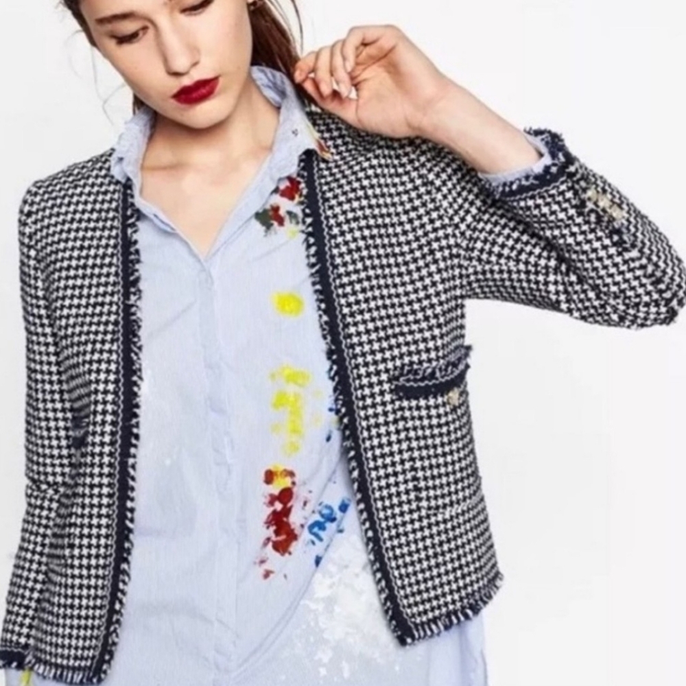 Zara tweed Houndstooth tweed blazer with frayed edges